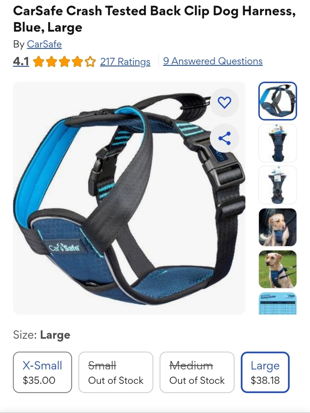 CarSafe Blue Crash-Tested Front and Back Clip Dog Harness